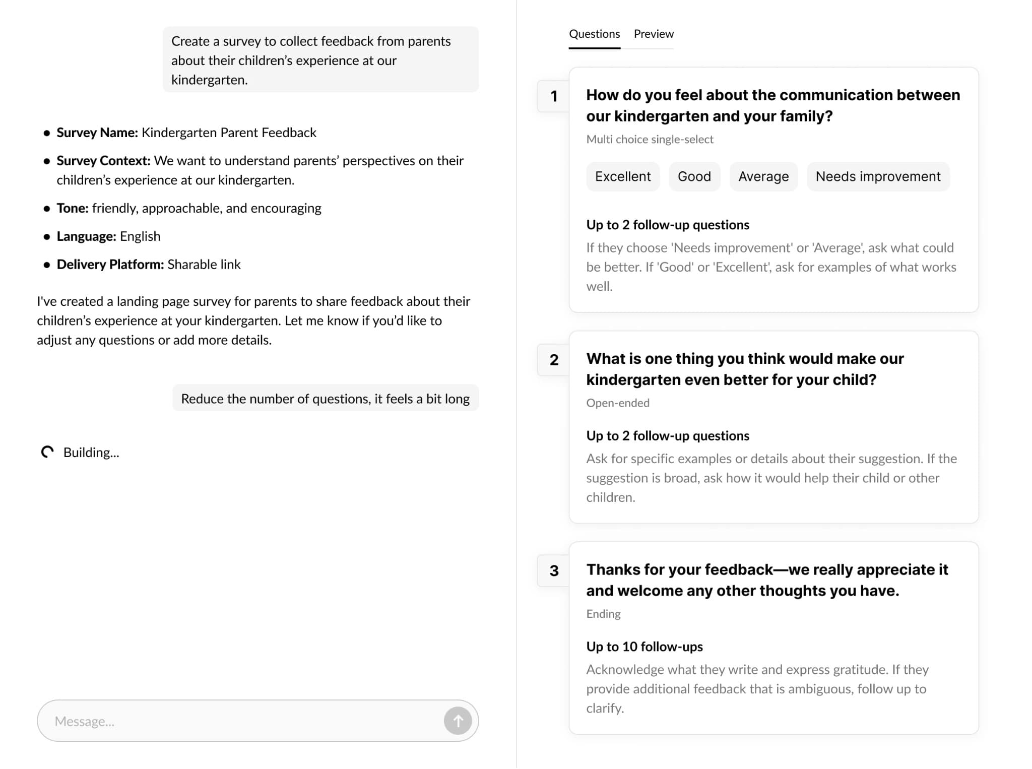 AI Survey Editor — chat interface on the left to create surveys, question outline with follow-up rules on the right
