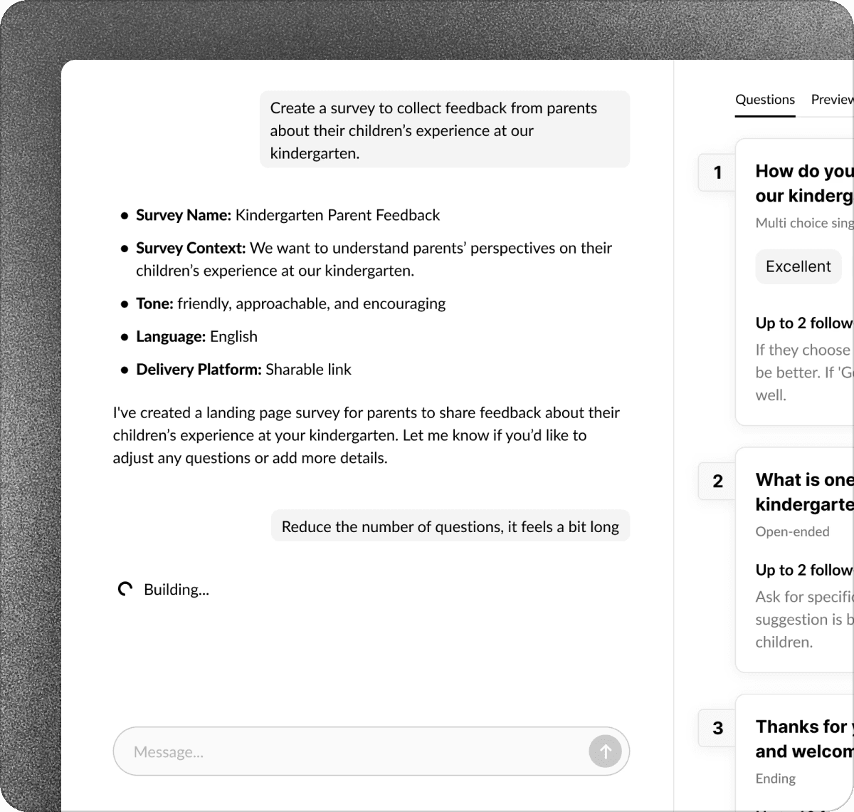 AI Chat Builder interface for creating surveys conversationally